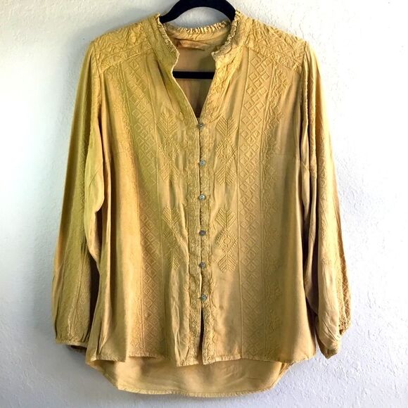 Mustard long sleeve embroidered button down shirt western peasant 1800s saloon S - Picture 1 of 8